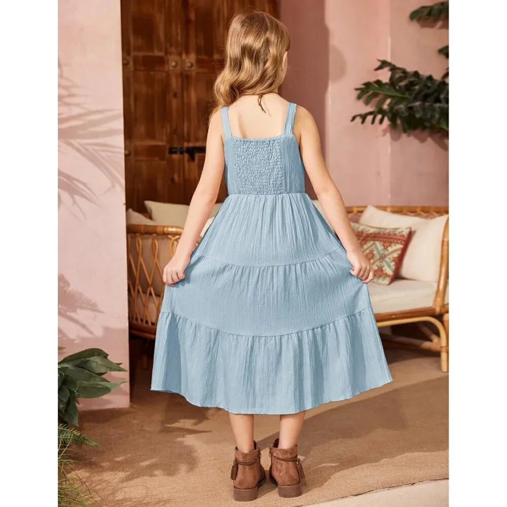 Girl's Sundresses Summer Boho Strap Tiered Cami Maxi Dresses with Pockets - Picture 4 of 6